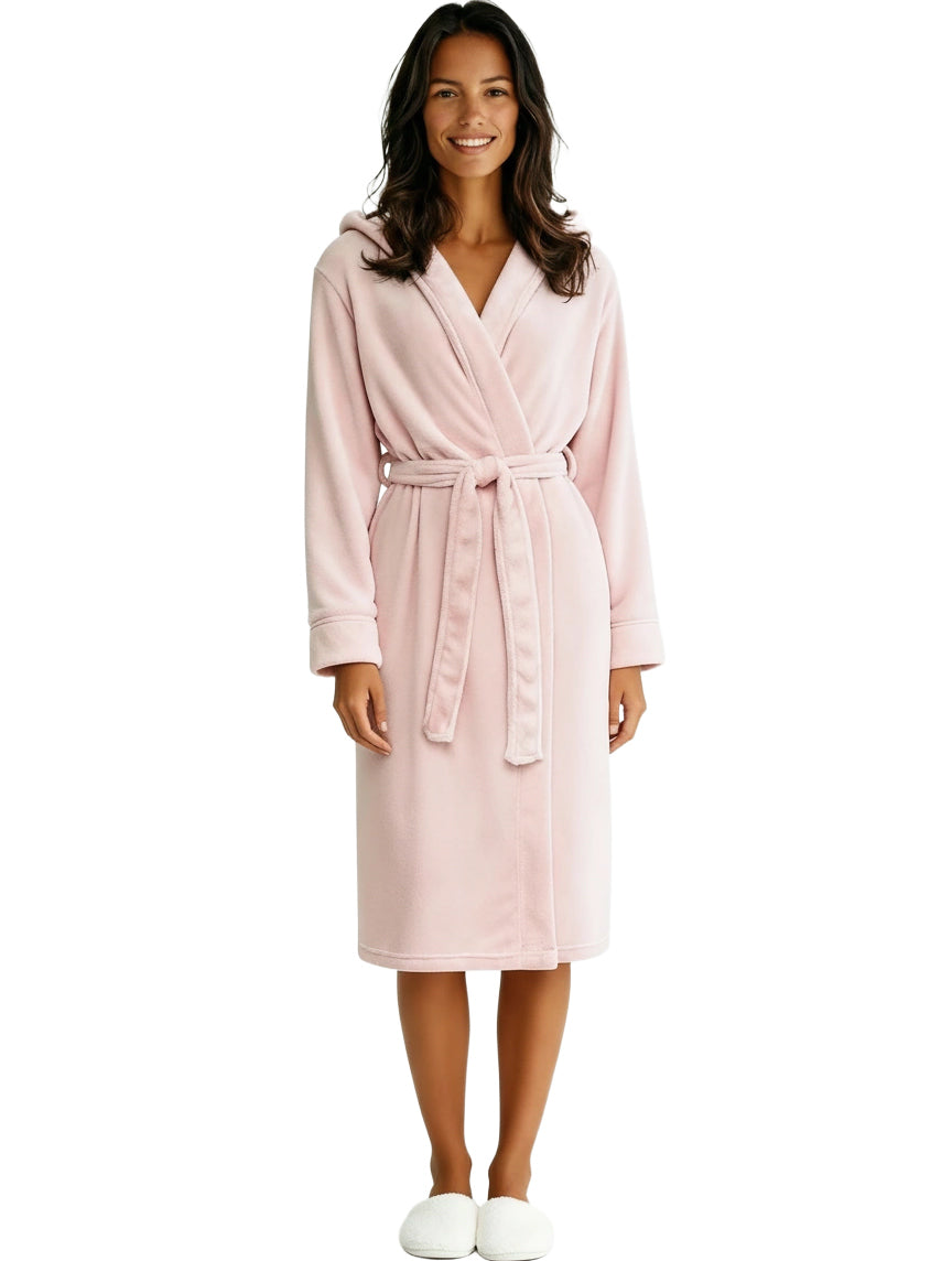 Women's Pink Rose Quartz Plush Fleece Robe with Hood, Lightweight Hooded Bathrobe with Pockets - Pink Rose Quartz - front view