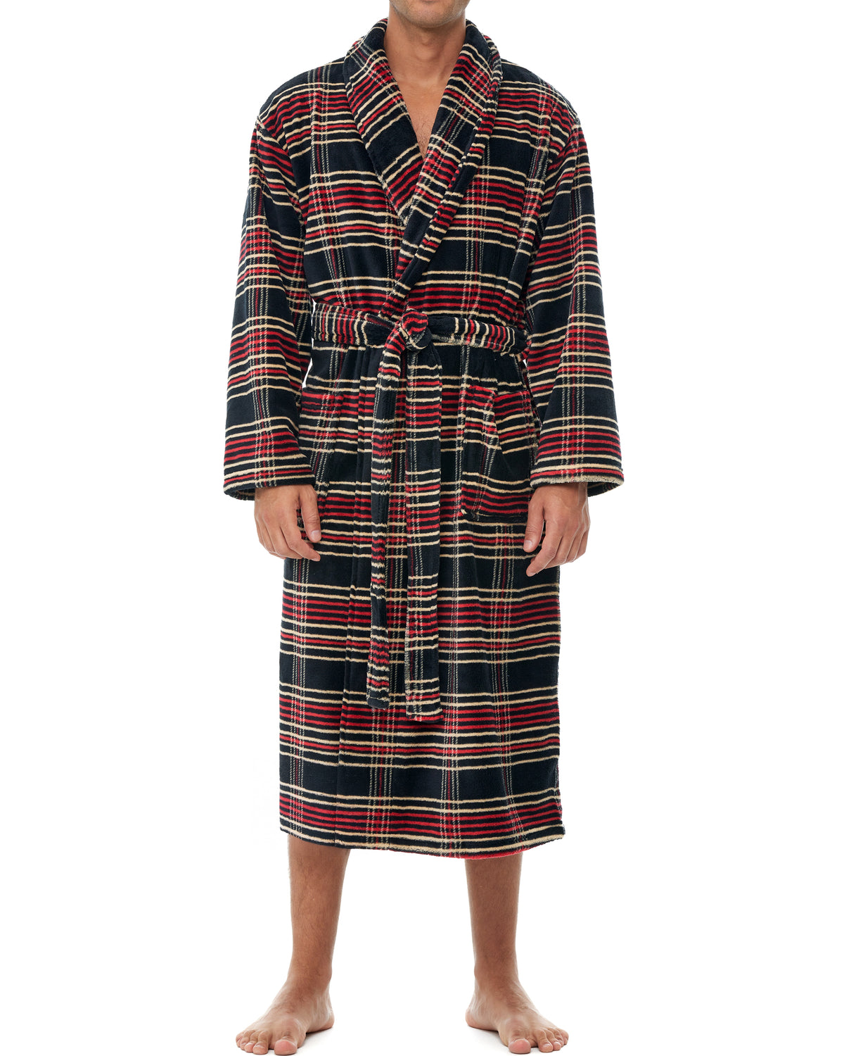 Men's Refined Tartan Plaid Classic Winter Robe, Plush Fleece Bathrobe