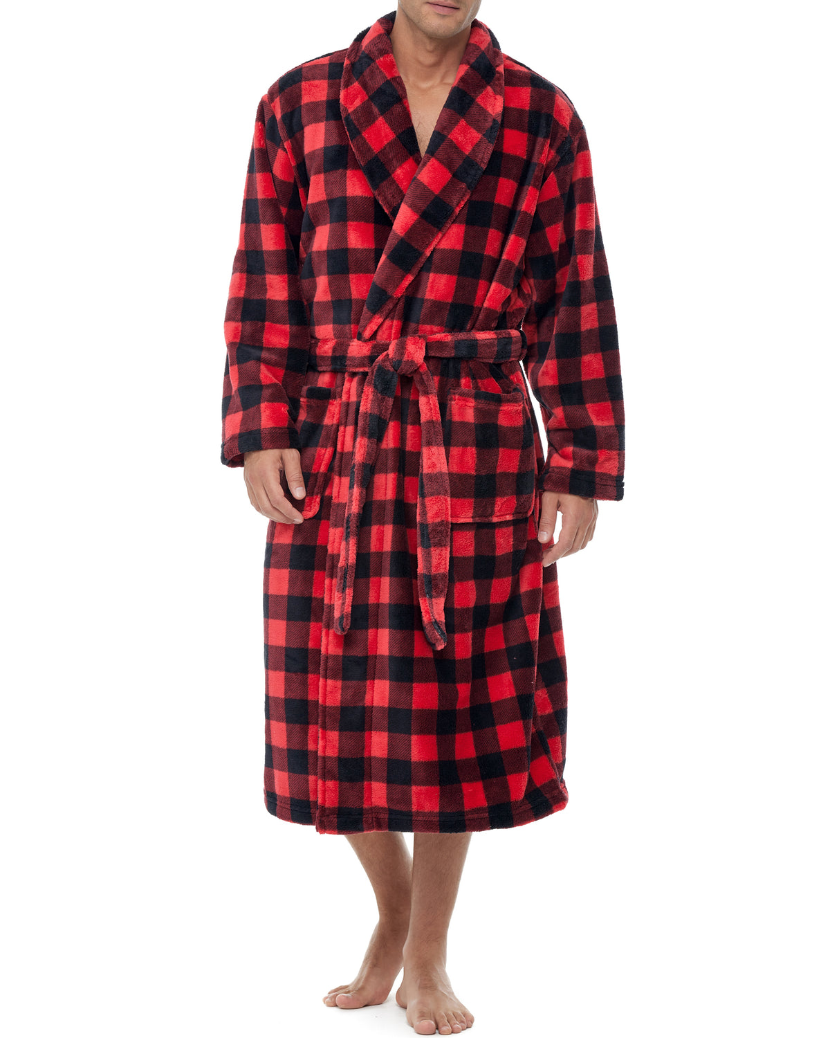 Men's Red Black Buffalo Check Plaid Classic Winter Robe, Plush Fleece Bathrobe