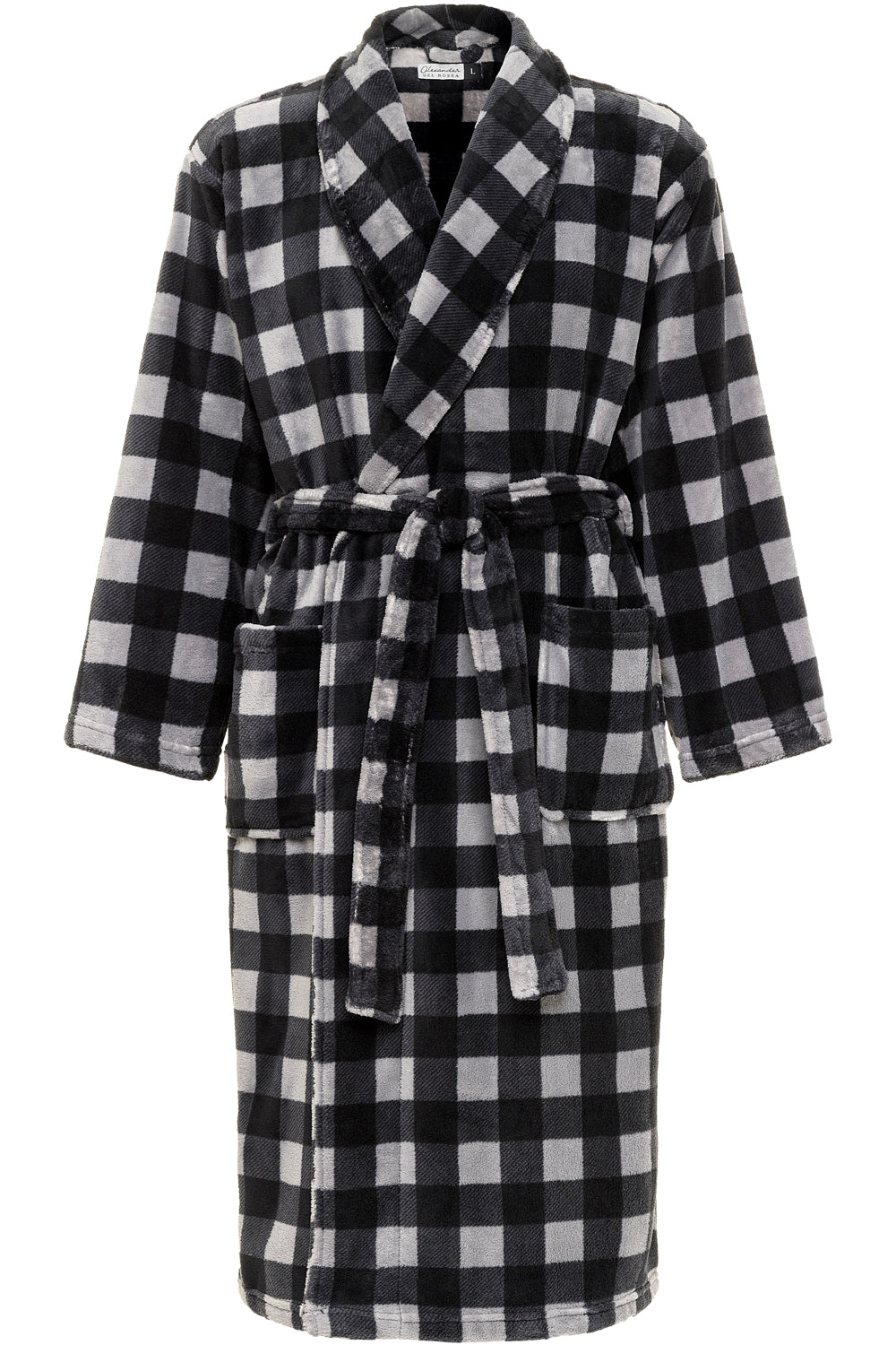 Men's Gray Buffalo Check Classic Winter Robe, Plush Fleece Bathrobe