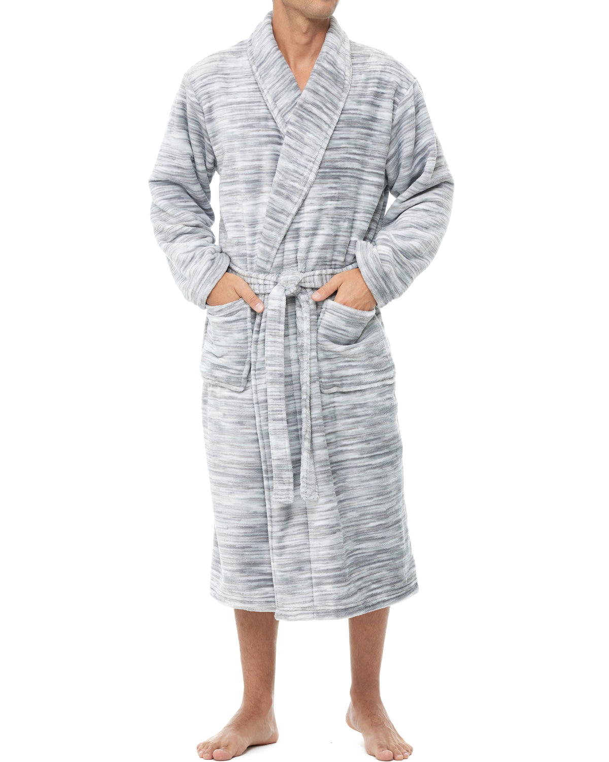 Men's Light Heathered Gray Classic Winter Robe, Plush Fleece Bathrobe