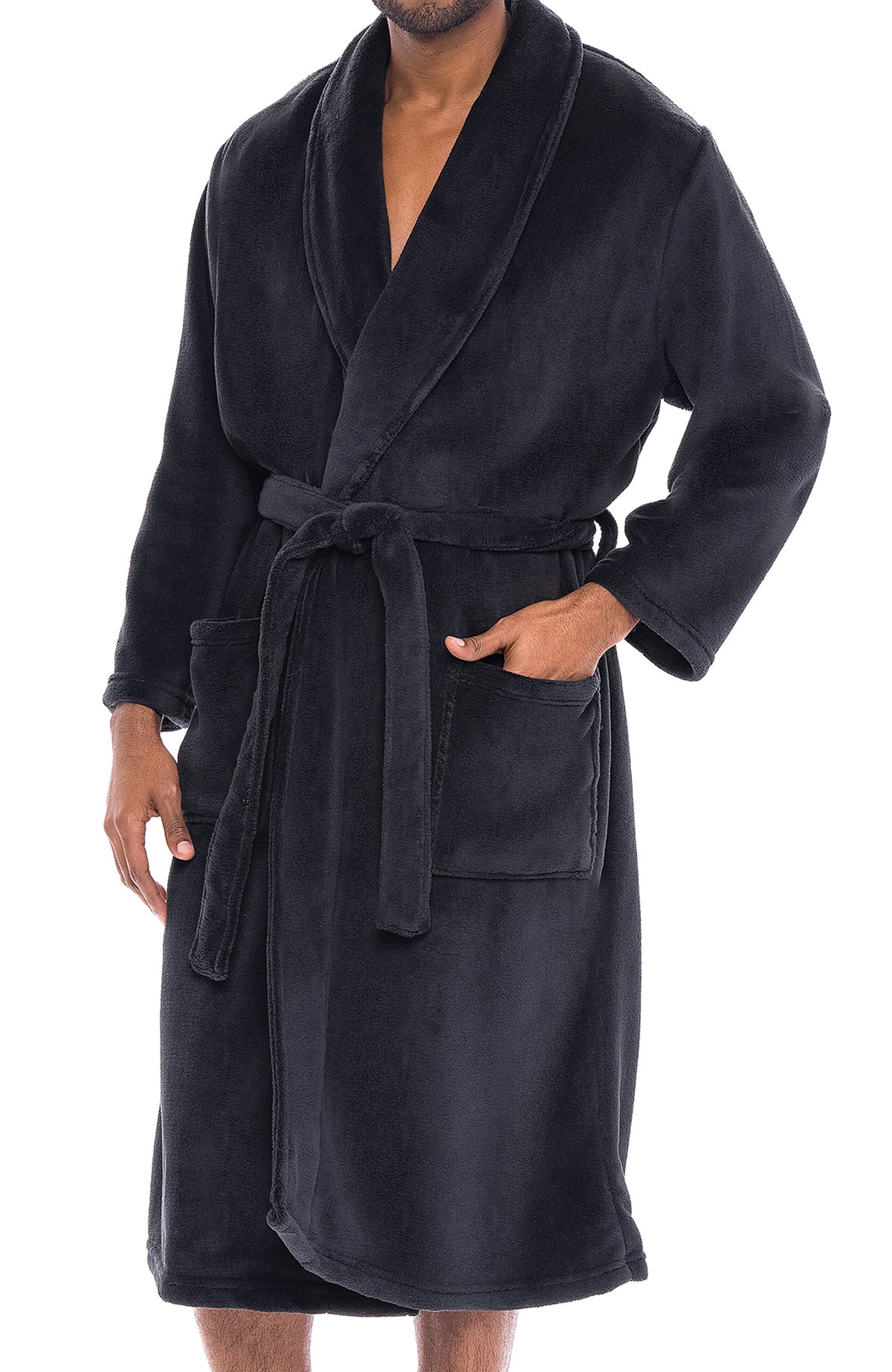 Men's Black Classic Winter Robe, Plush Fleece Bathrobe