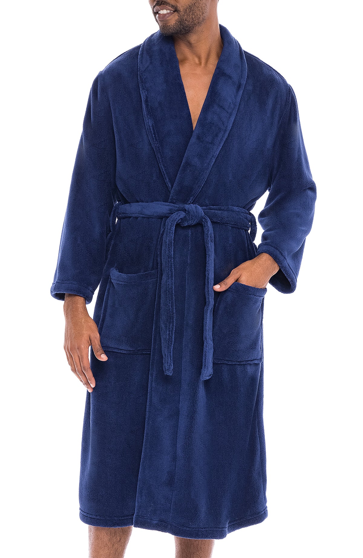 Men's Navy Blue Classic Winter Robe, Plush Fleece Bathrobe