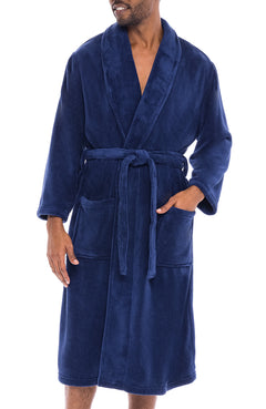Men's Navy Blue Classic Winter Robe, Plush Fleece Bathrobe