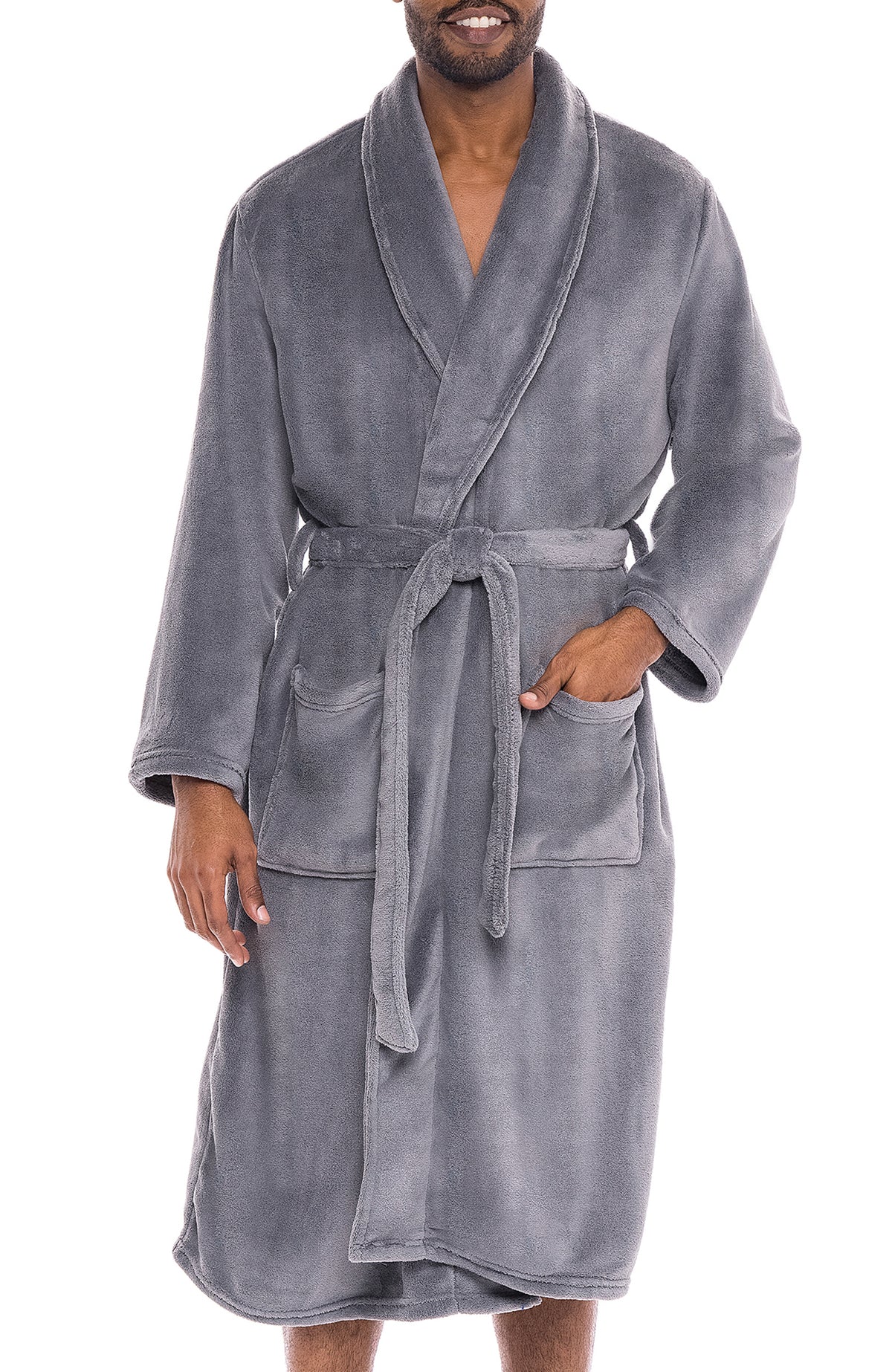 Men's Steel Gray Classic Winter Robe, Plush Fleece Bathrobe