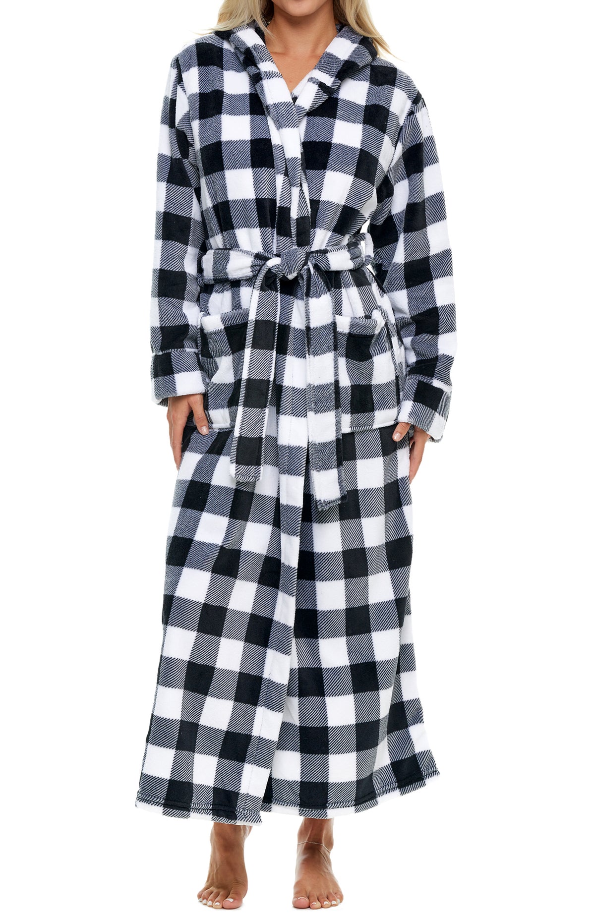 Buffalo Check White Black Plaid Plush Fleece Robe for Women, Long Hooded Bathrobe with Hood, Plus Size