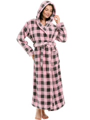 Buffalo Check Pink Gray Plaid Plush Fleece Robe for Women, Long Hooded Bathrobe with Hood, Plus Size