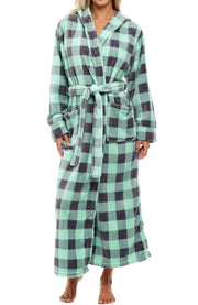 Buffalo Check Sage Gray Plaid Plush Fleece Robe for Women, Long Hooded Bathrobe with Hood, Plus Size