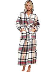 Designer Plaid Plush Fleece Robe for Women, Long Hooded Bathrobe with Hood, Plus Size