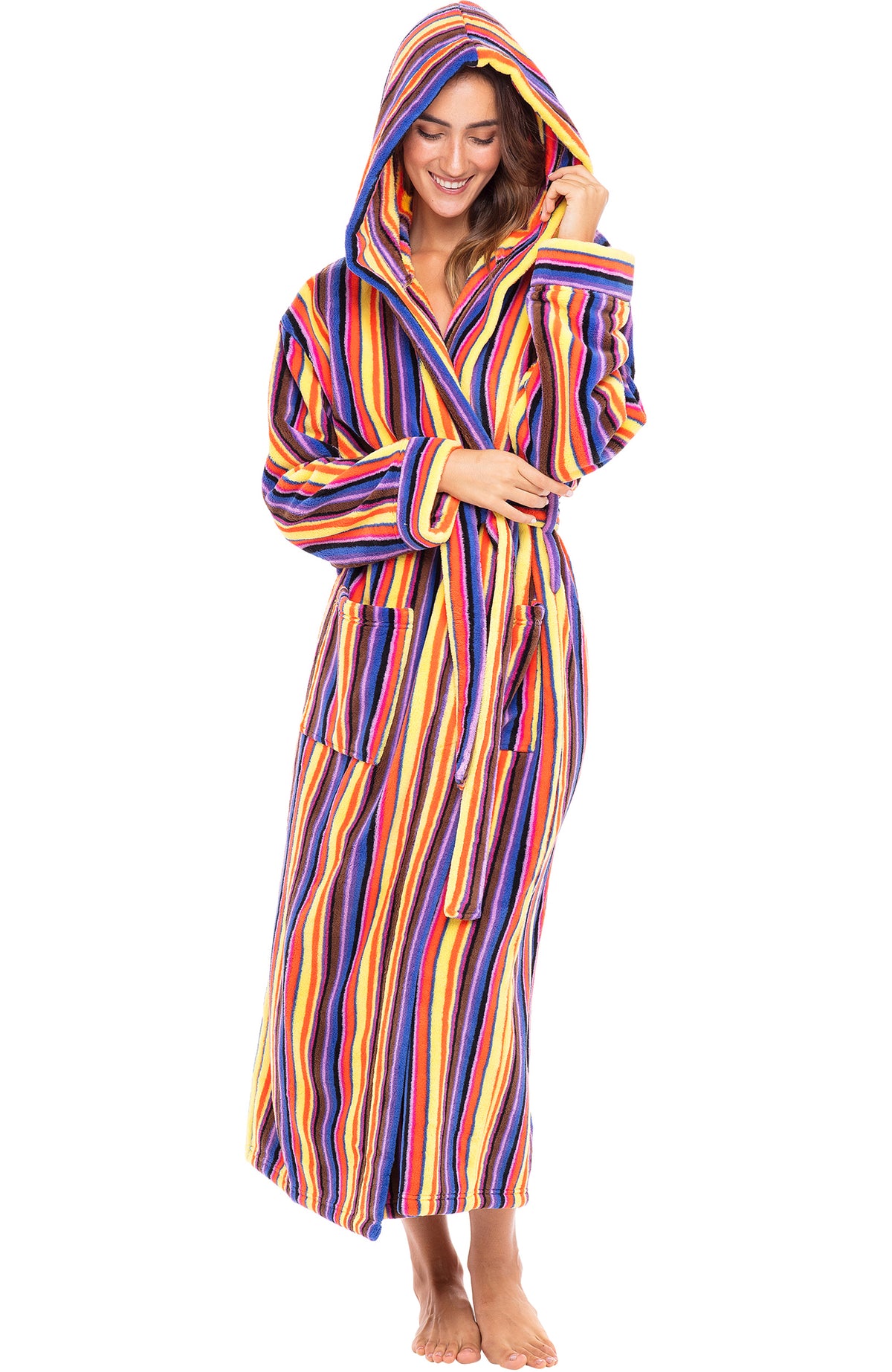 Candy Striped Plush Fleece Robe for Women, Long Hooded Bathrobe with Hood, Plus Size