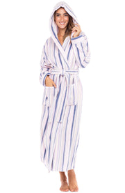 Striped Lavender Plush Fleece Robe for Women, Long Hooded Bathrobe with Hood, Plus Size
