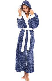 Moroccan Trellis Plush Fleece Robe for Women, Long Hooded Bathrobe with Hood, Plus Size