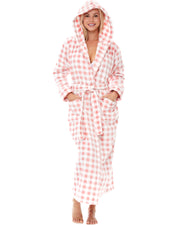 Blush Gingham Check Plush Fleece Robe for Women, Long Hooded Bathrobe with Hood, Plus Size