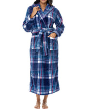 Purple Tartan Plaid Plush Fleece Robe for Women, Long Hooded Bathrobe with Hood, Plus Size