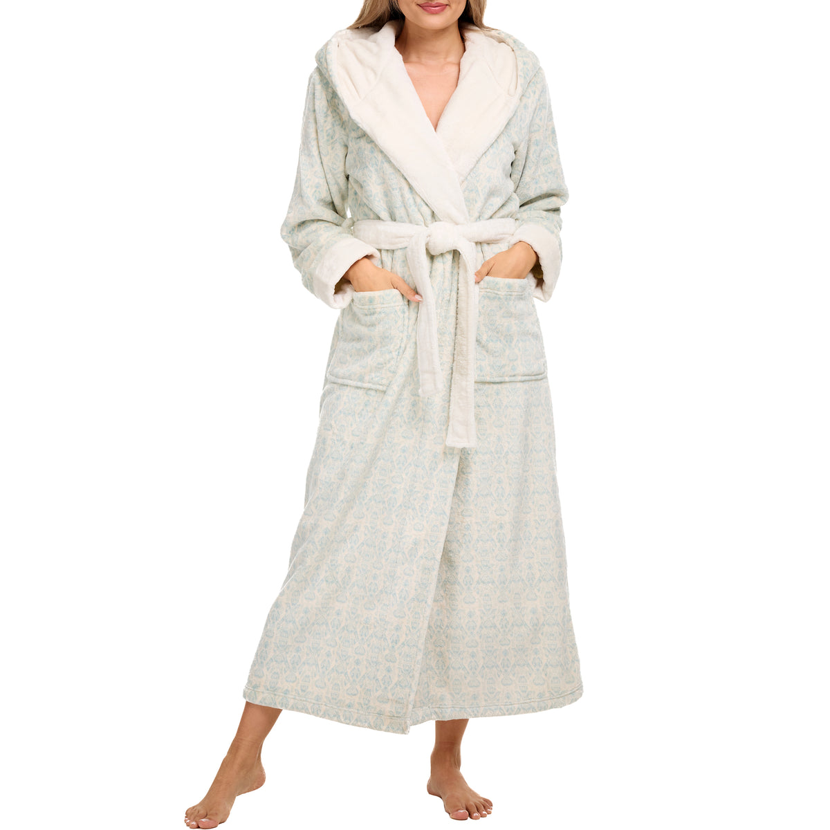 Serene Arabesque Plush Fleece Robe for Women, Long Hooded Bathrobe with Hood, Plus Size