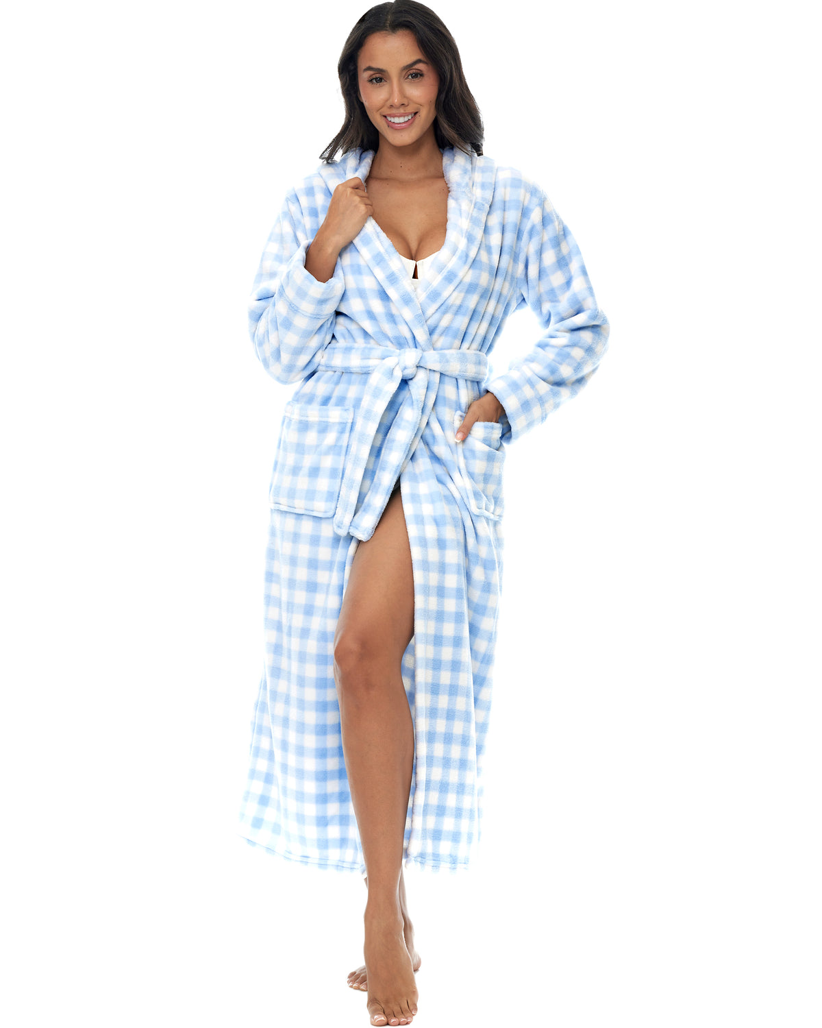 Tranquil Blues Gingham Check Plush Fleece Robe for Women, Long Hooded Bathrobe with Hood, Plus Size