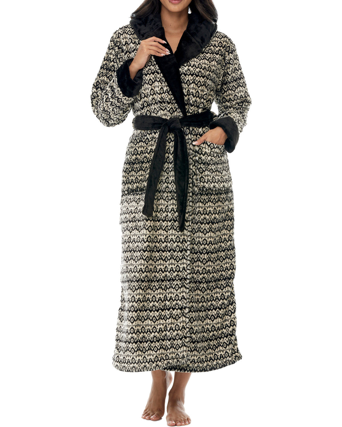 Savanna Rhythm Plush Fleece Robe for Women, Long Hooded Bathrobe with Hood, Plus Size