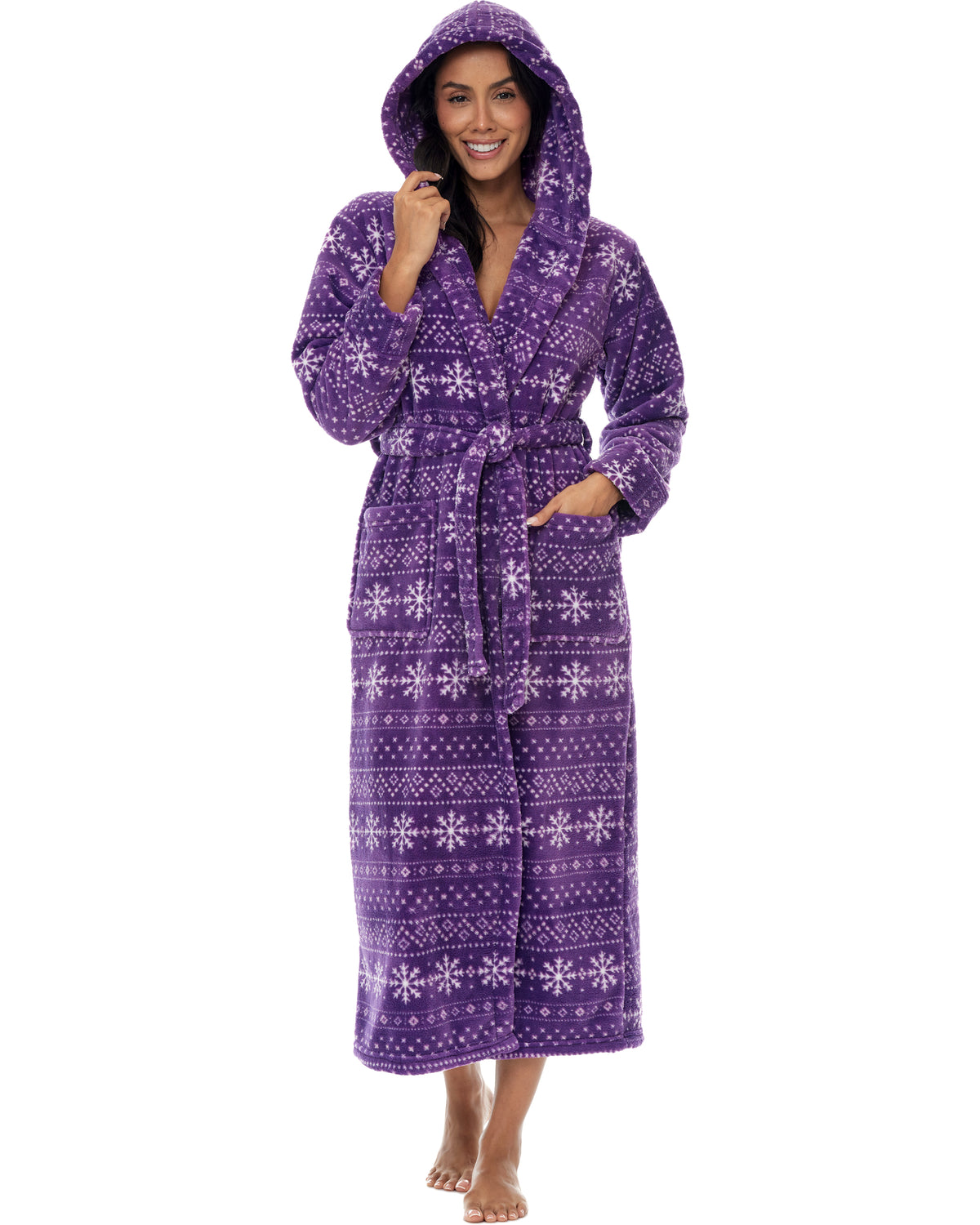 Snowflake Fair Isle Purple Plush Fleece Robe for Women, Long Hooded Bathrobe with Hood, Plus Size