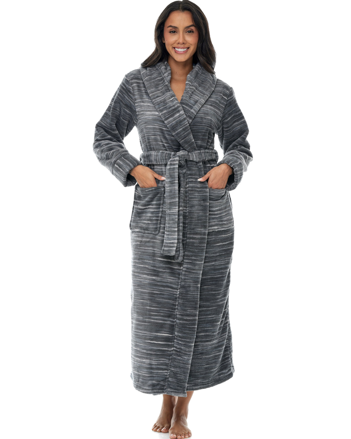 Dark Heathered Gray Plush Fleece Robe for Women, Long Hooded Bathrobe with Hood, Plus Size