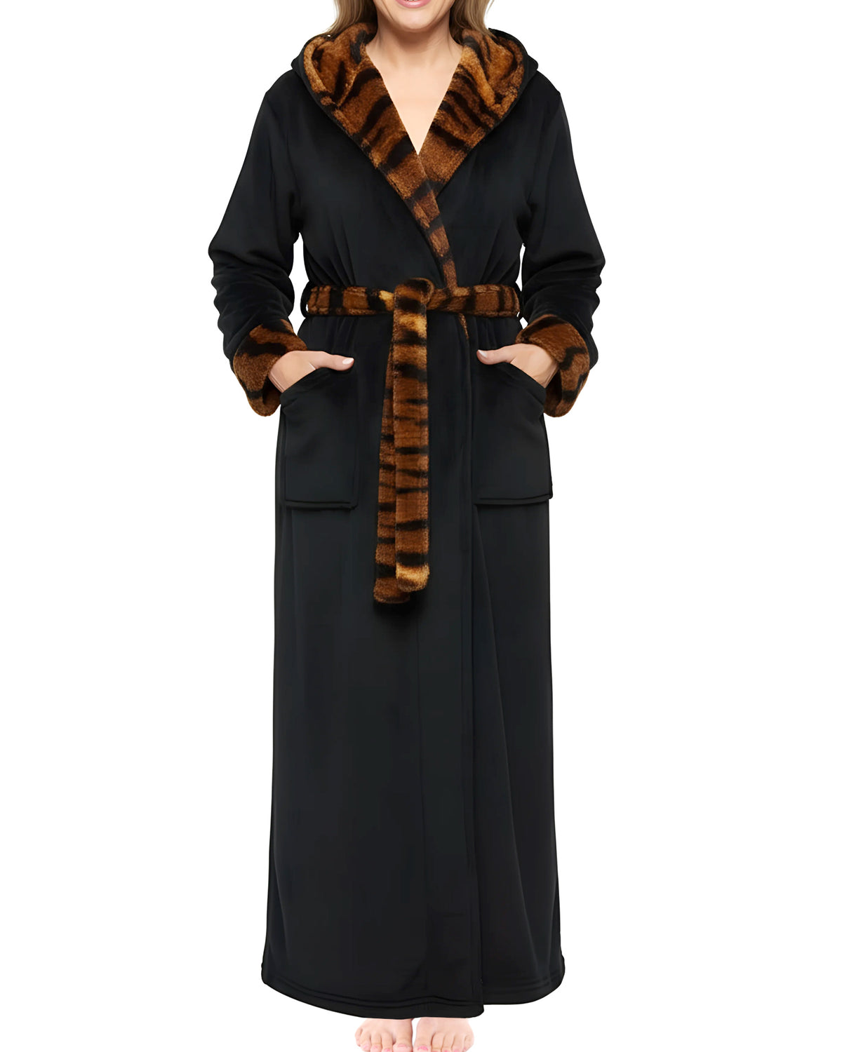 Tiger Print Accents Plush Fleece Robe for Women, Long Hooded Bathrobe with Hood, Plus Size