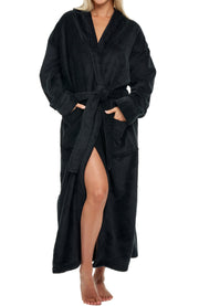 Black Plush Fleece Robe for Women, Long Hooded Bathrobe with Hood, Plus Size