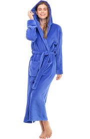 Sky Blue Plush Fleece Robe for Women, Long Hooded Bathrobe with Hood, Plus Size