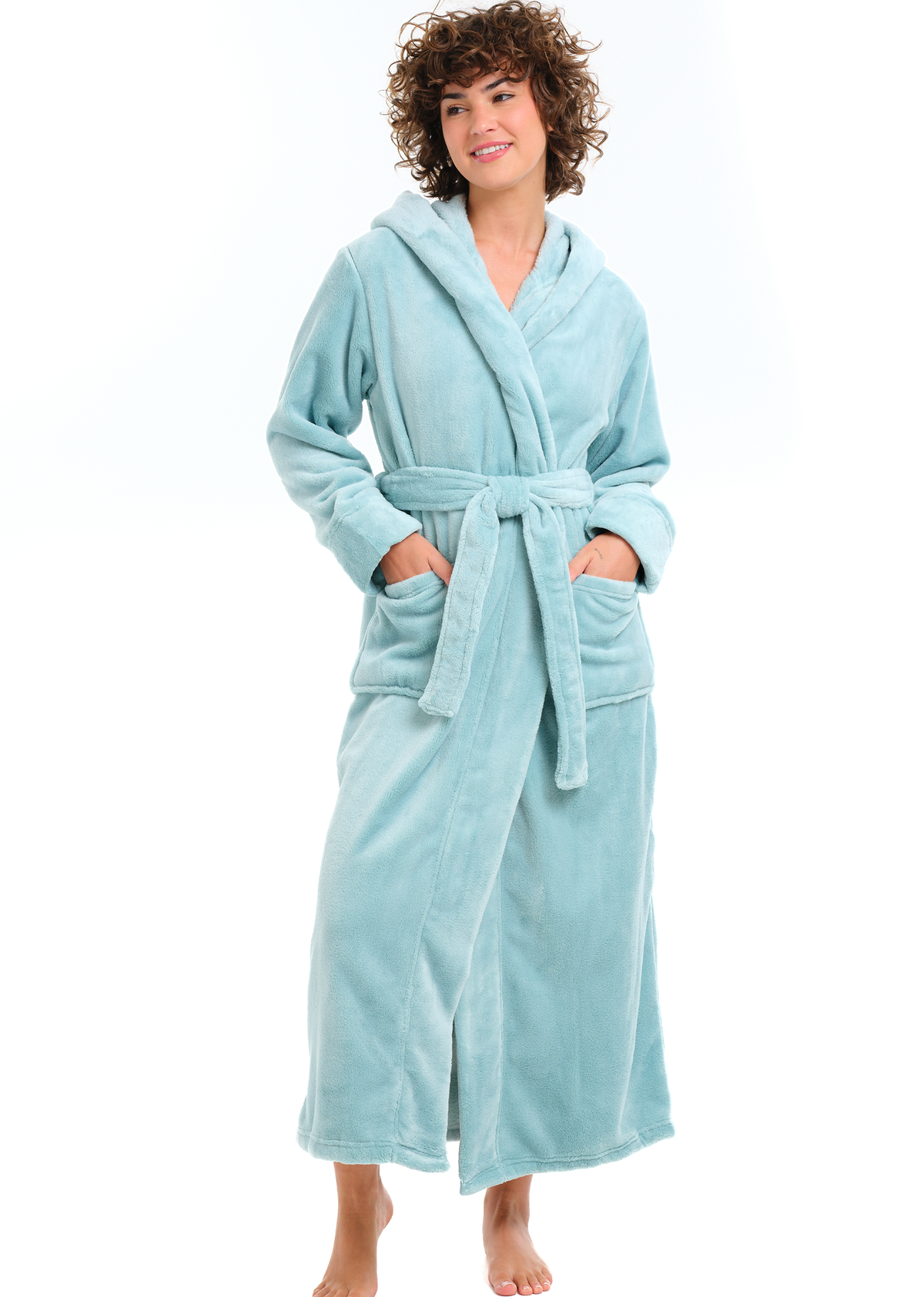 Muted Sage Green Plush Fleece Robe for Women, Long Hooded Bathrobe with Hood, Plus Size
