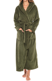 Army Green Plush Fleece Robe for Women, Long Hooded Bathrobe with Hood, Plus Size