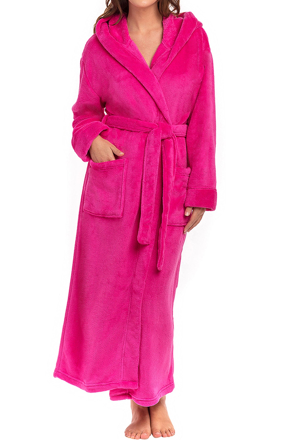 Fuchsia Plush Fleece Robe for Women, Long Hooded Bathrobe with Hood, Plus Size