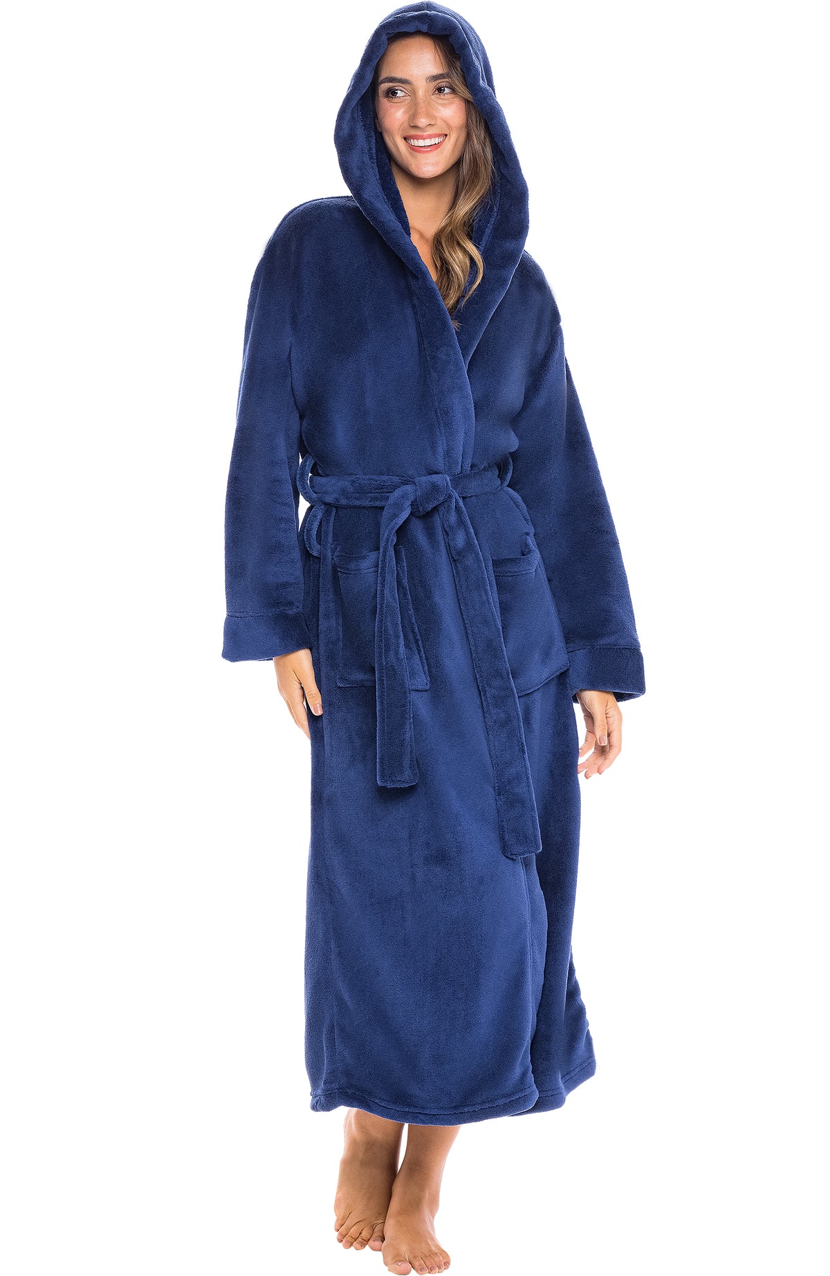 Navy Blue Plush Fleece Robe for Women, Long Hooded Bathrobe with Hood, Plus Size