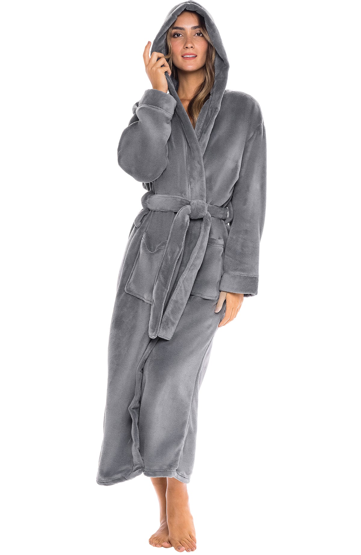 Steel Gray Plush Fleece Robe for Women, Long Hooded Bathrobe with Hood, Plus Size