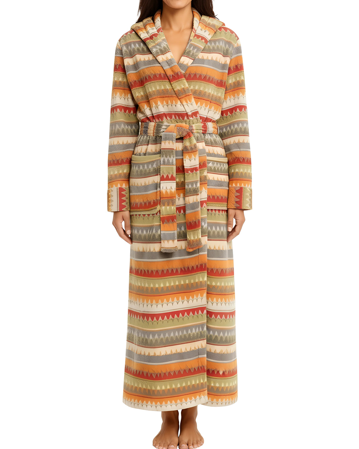Aztec Inpsired Sunrise Plush Fleece Robe for Women, Long Hooded Bathrobe with Hood, Plus Size