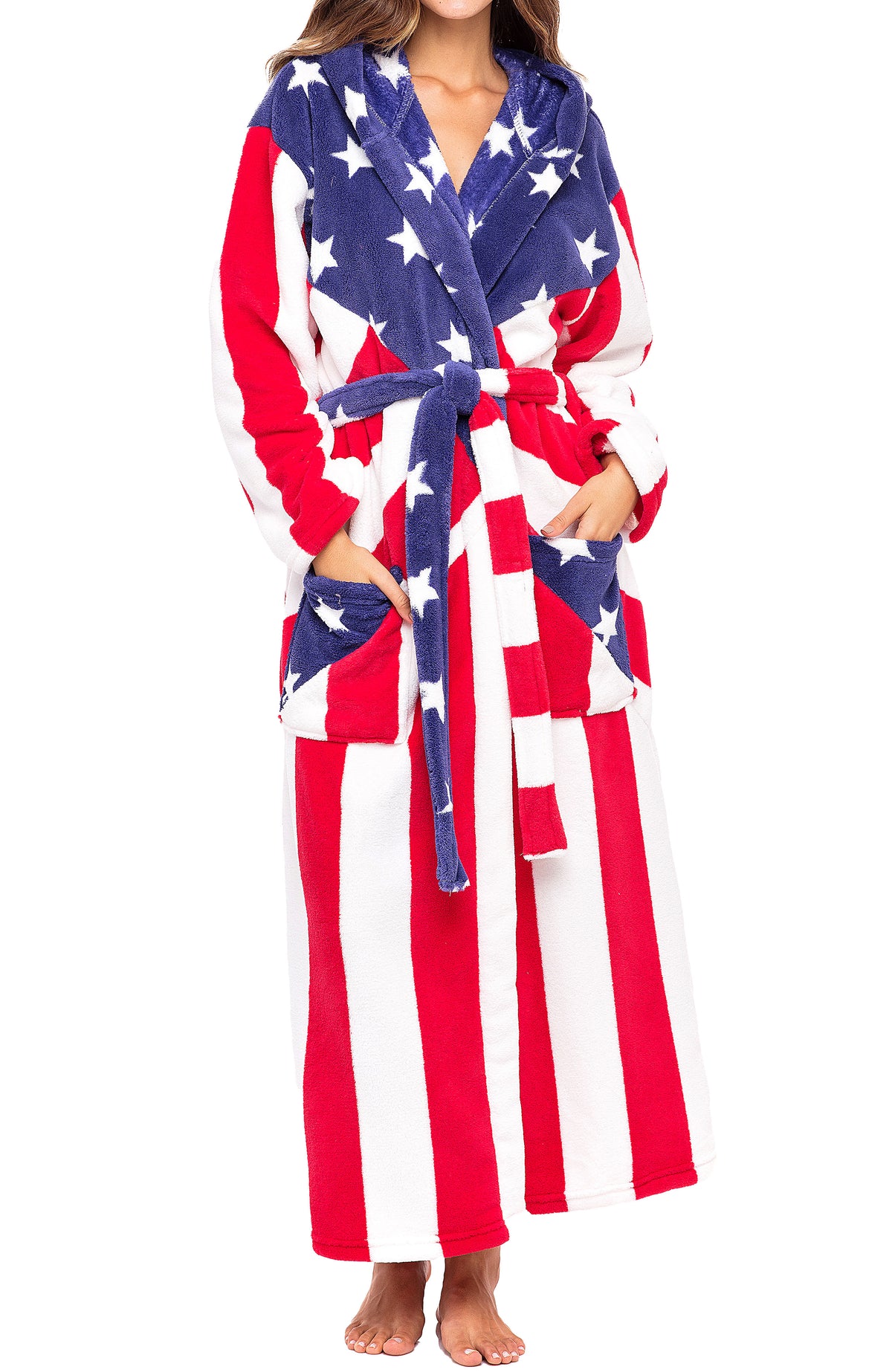 American Flag Classic Plush Fleece Robe for Women, Long Hooded Bathrobe with Hood, Plus Size
