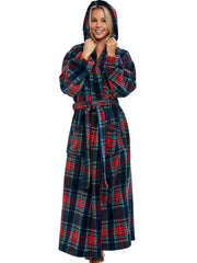 Classic Tartan Plaid Blue Plush Fleece Robe for Women, Long Hooded Bathrobe with Hood, Plus Size
