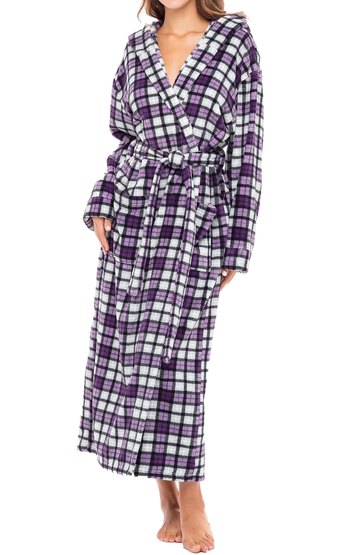 Lavender Tartan Plaid Plush Fleece Robe for Women, Long Hooded Bathrobe with Hood, Plus Size