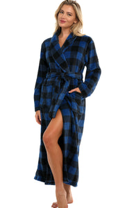 Blue Buffalo Check Plaid Plush Striped Robe for Women, Long Fleece Plaid Winter Bath Robe, Plus Size