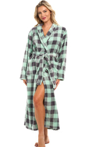 Buffalo Check Sage Gray Plaid Plush Striped Robe for Women, Long Fleece Plaid Winter Bath Robe, Plus Size
