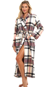 Designer Plaid Plush Striped Robe for Women, Long Fleece Plaid Winter Bath Robe, Plus Size