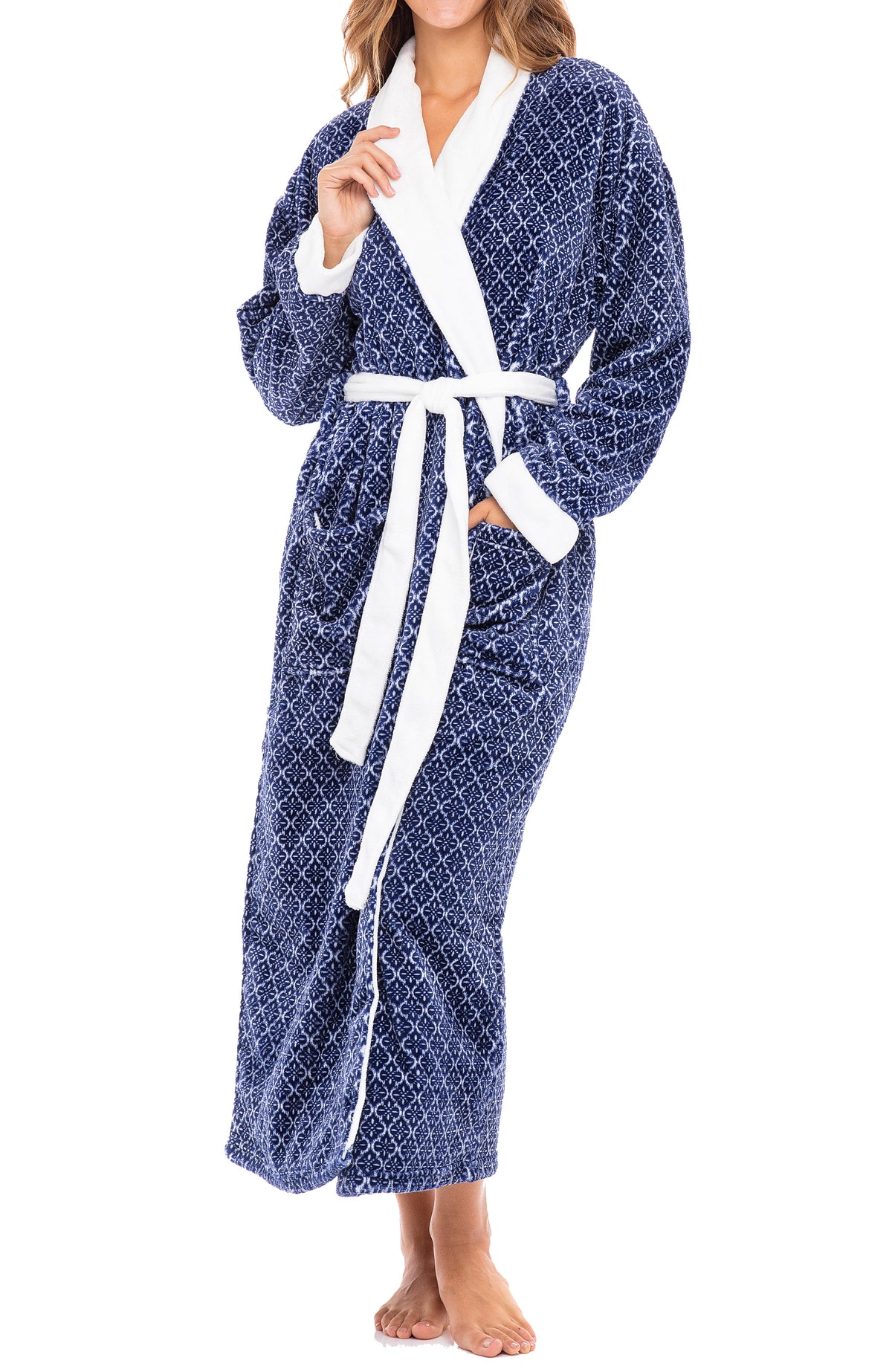 Moroccan Trellis Plush Striped Robe for Women, Long Fleece Plaid Winter Bath Robe, Plus Size