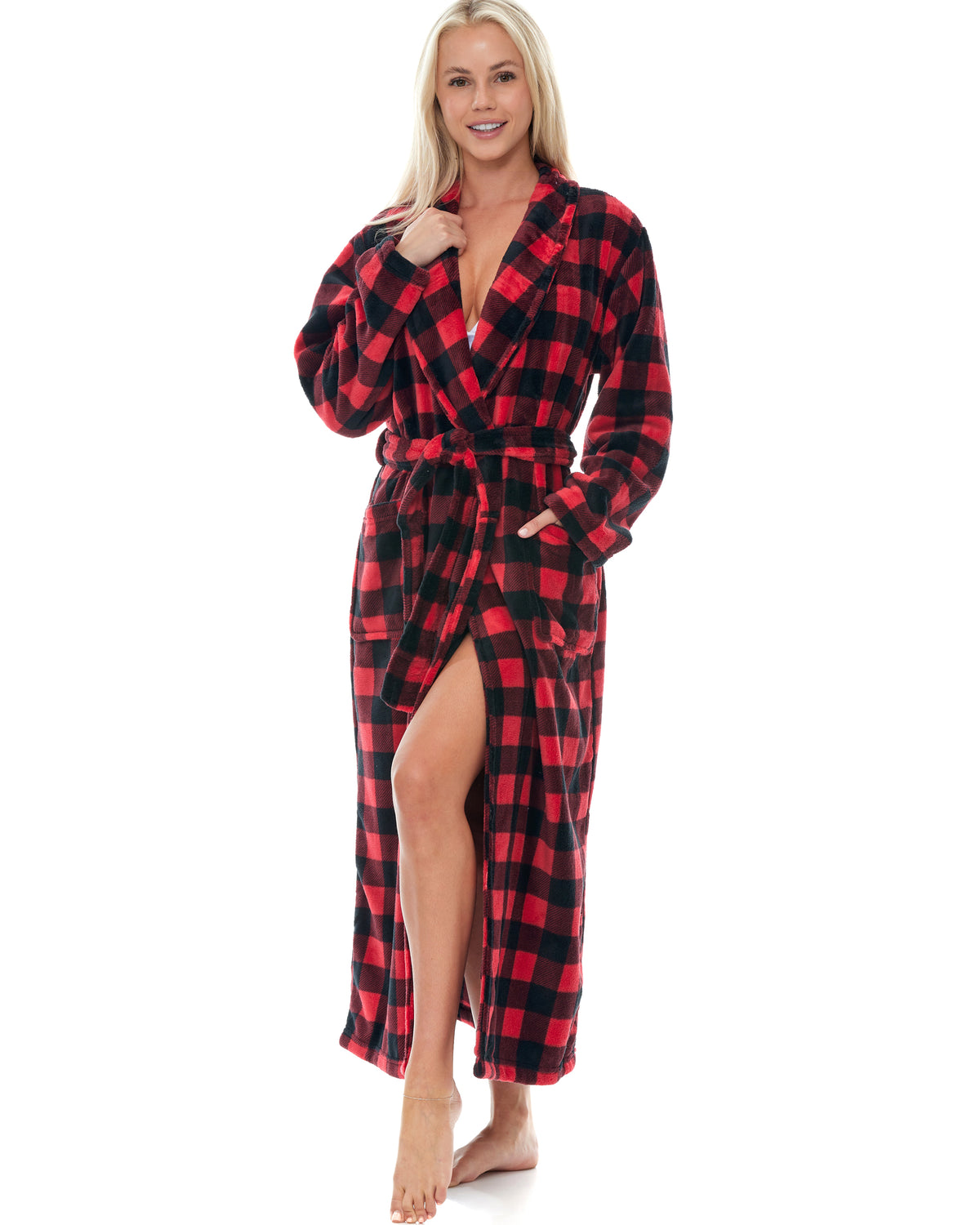 Red Black Buffalo Check Plaid Plush Striped Robe for Women, Long Fleece Plaid Winter Bath Robe, Plus Size