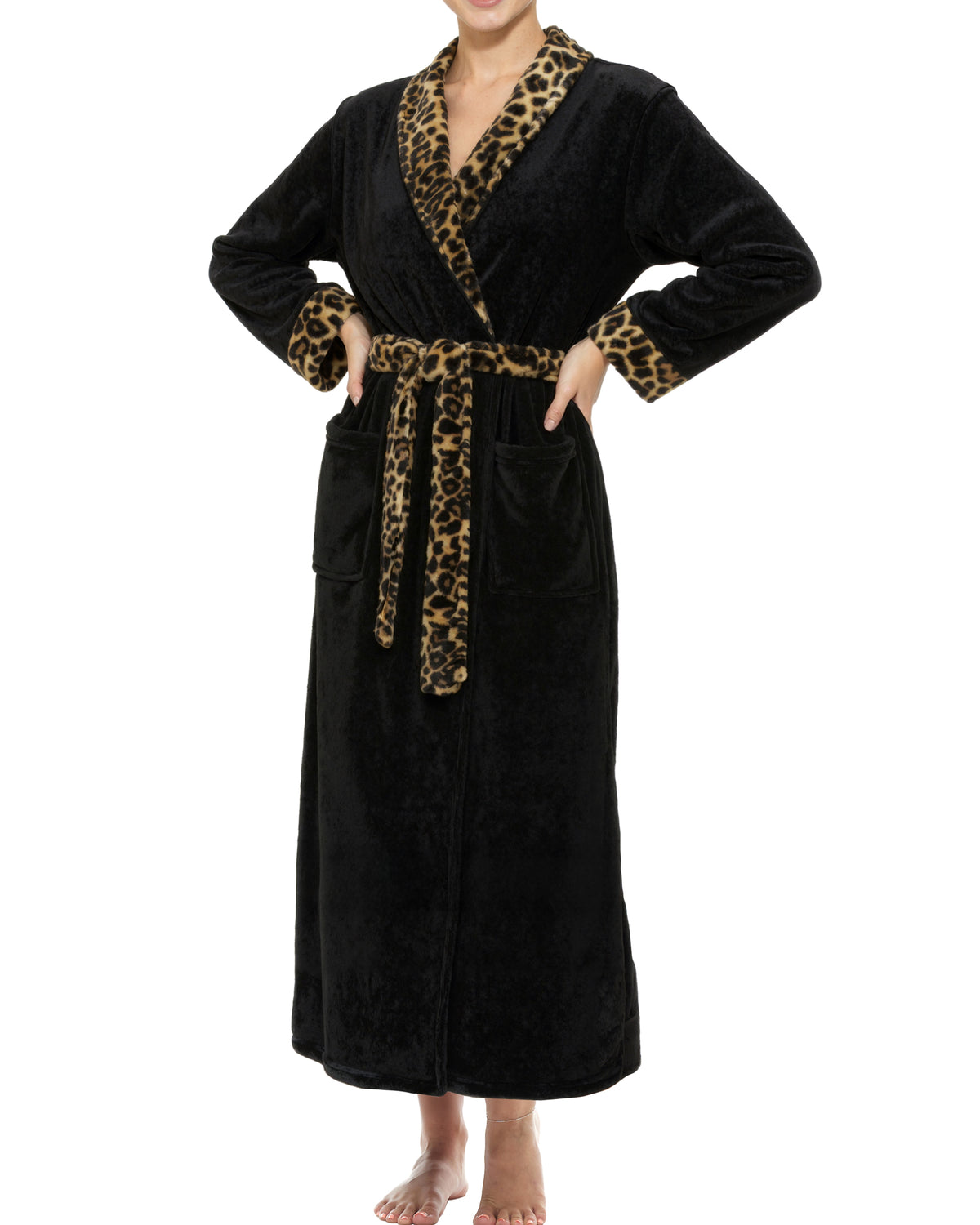 Leopard Print Accent Plush Striped Robe for Women, Long Fleece Plaid Winter Bath Robe, Plus Size