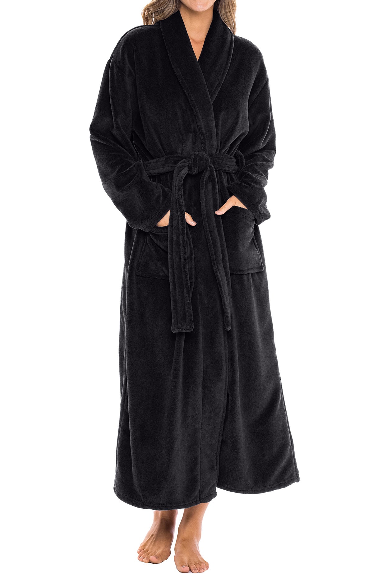Black Plush Striped Robe for Women, Long Fleece Plaid Winter Bath Robe, Plus Size