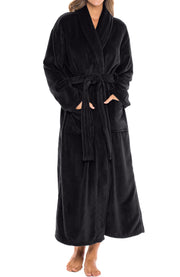 Black Plush Striped Robe for Women, Long Fleece Plaid Winter Bath Robe, Plus Size