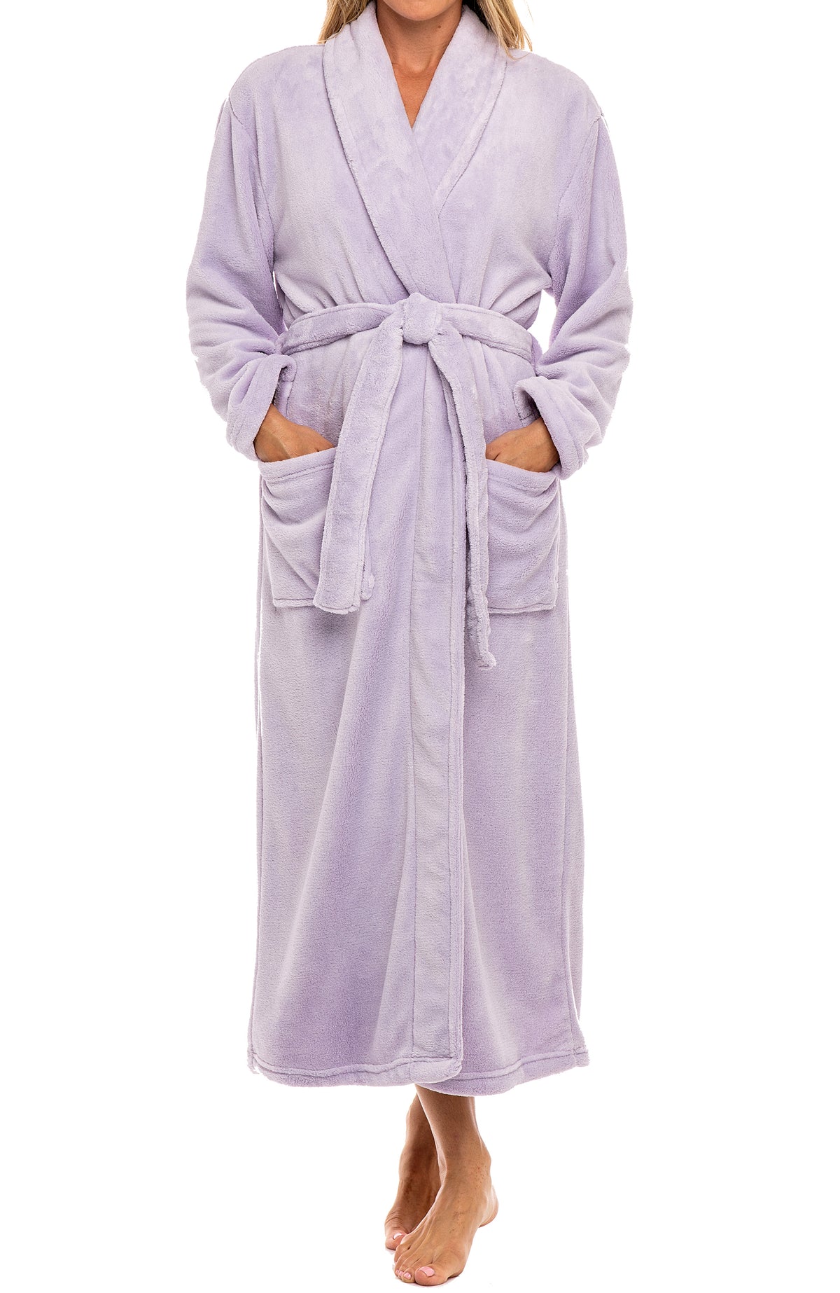 Lavender Plush Striped Robe for Women, Long Fleece Plaid Winter Bath Robe, Plus Size