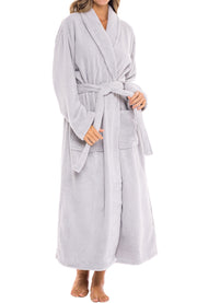 Light Gray Plush Striped Robe for Women, Long Fleece Plaid Winter Bath Robe, Plus Size