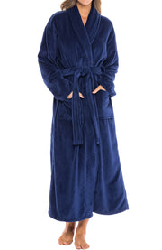 Navy Blue Plush Striped Robe for Women, Long Fleece Plaid Winter Bath Robe, Plus Size
