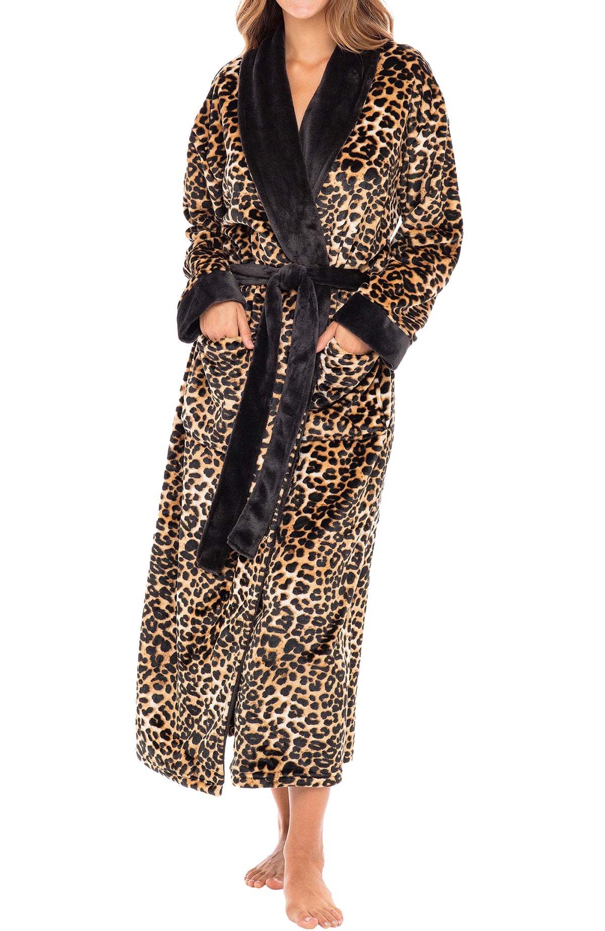 Leopard Print Plush Striped Robe for Women, Long Fleece Plaid Winter Bath Robe, Plus Size