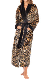Leopard Print Plush Striped Robe for Women, Long Fleece Plaid Winter Bath Robe, Plus Size