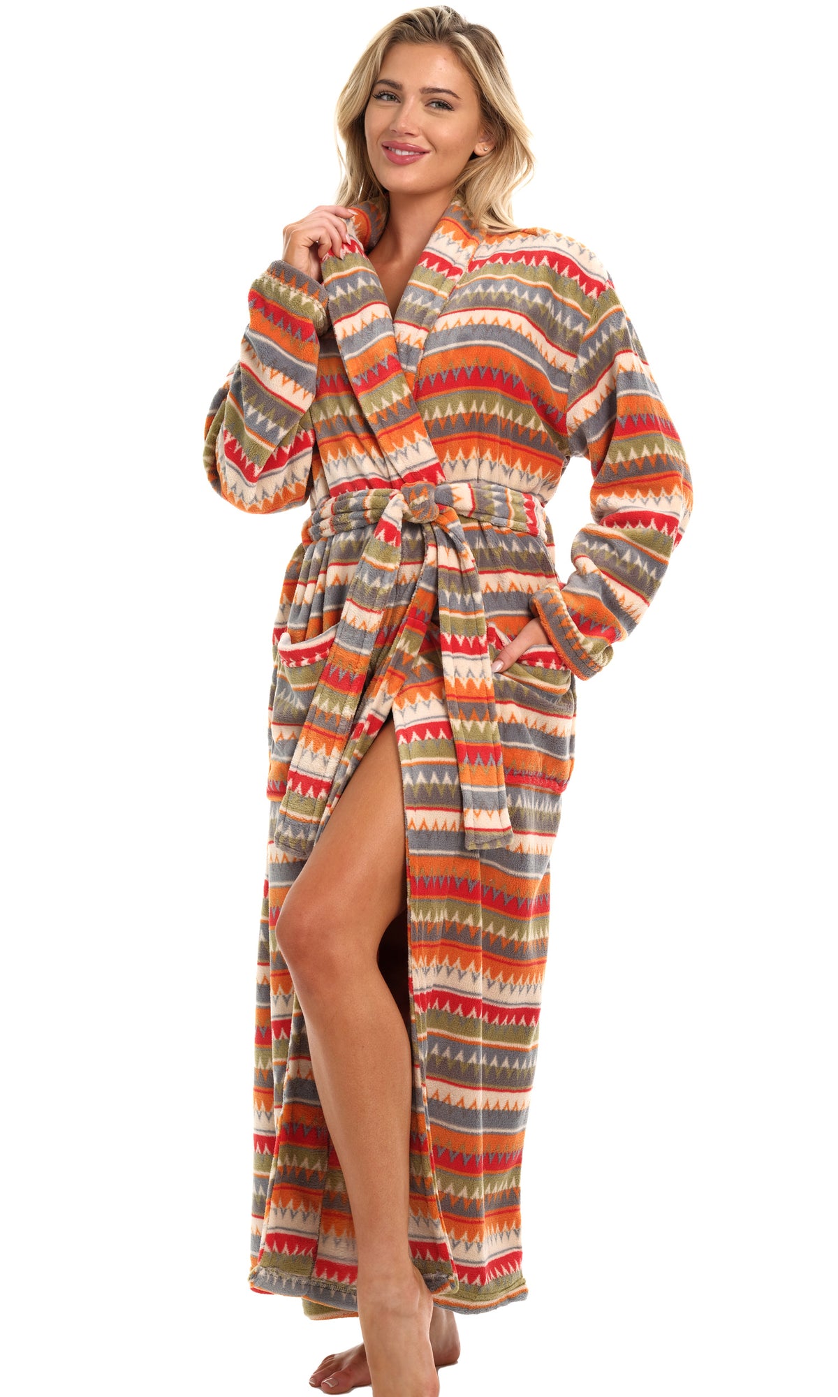 Aztec Inspired Sunrise Plush Striped Robe for Women, Long Fleece Plaid Winter Bath Robe, Plus Size
