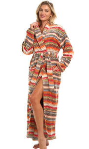 Aztec Inspired Sunrise Plush Striped Robe for Women, Long Fleece Plaid Winter Bath Robe, Plus Size